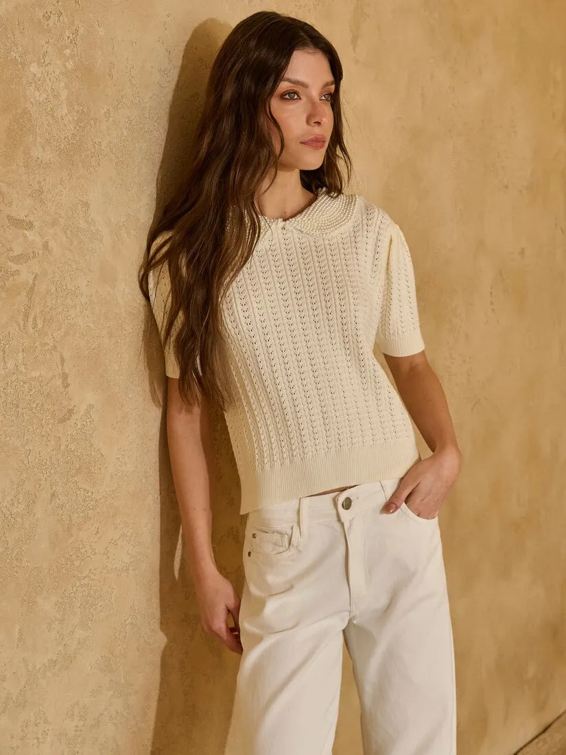 Cream Knit Top Embroidered