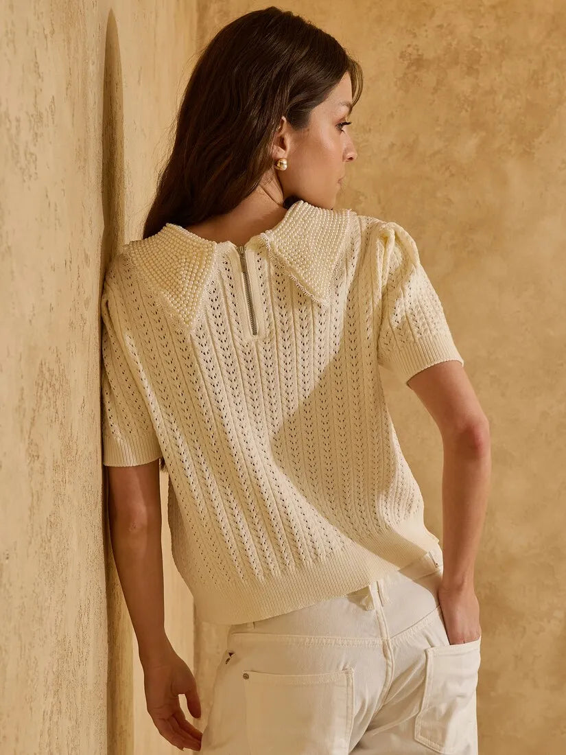 Cream Knit Top Embroidered