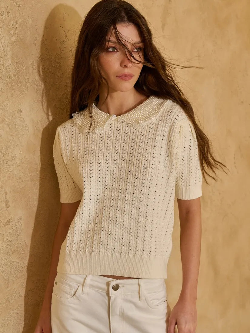 Cream Knit Top Embroidered