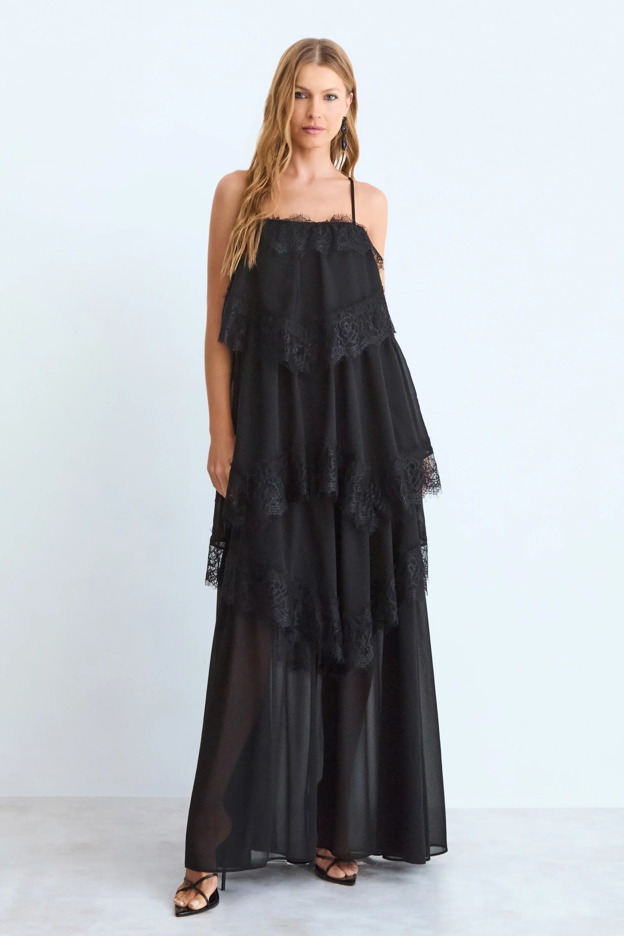 Black Long Dress with ruffles and lace hem detail