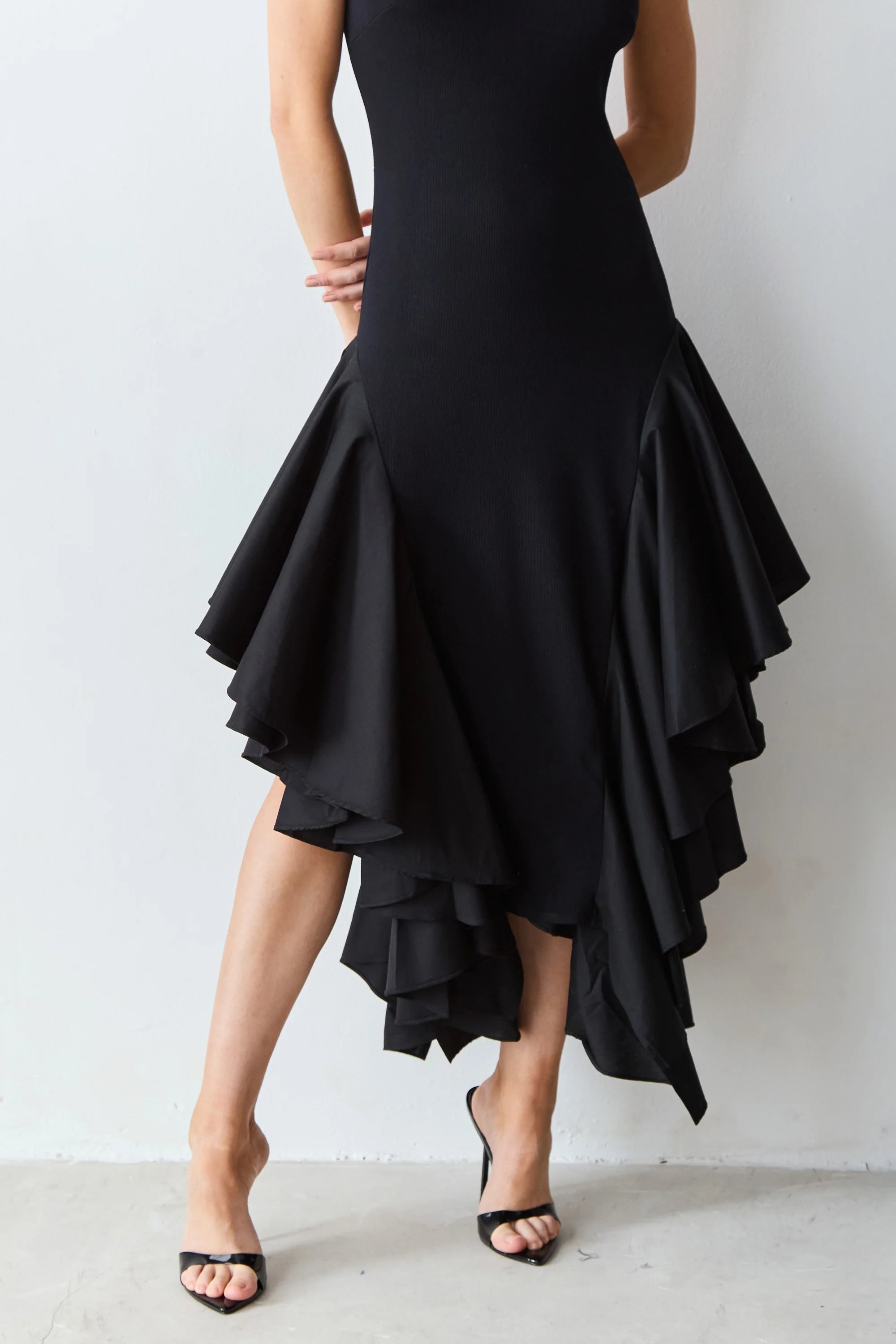 Black Voluminous Asymmetric Hem Midi Dress with Spaghetti Straps