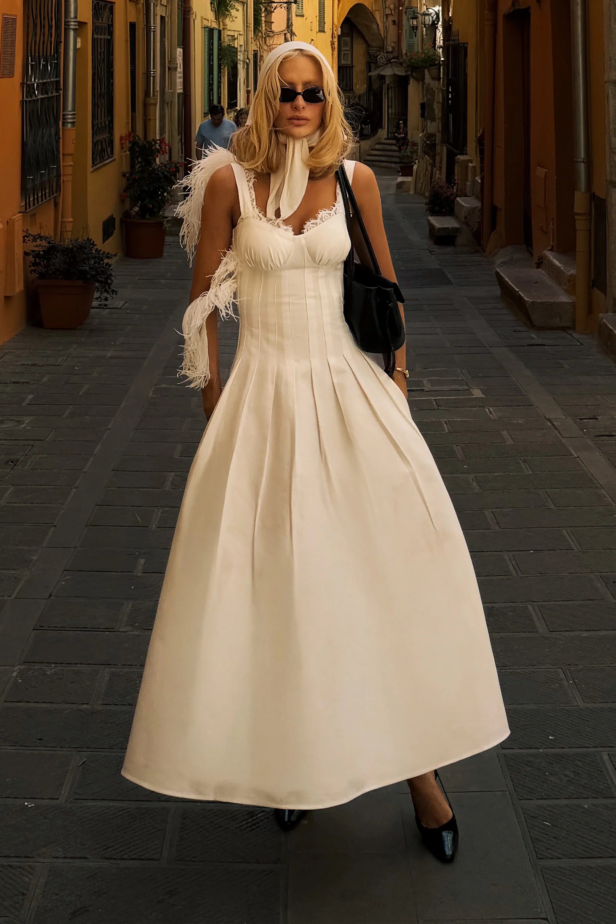 white dress cutouts Ariarne Puff Sleeve Cut-Out Waist Mini XXL or no bra White Dress with Topstitched Cutouts