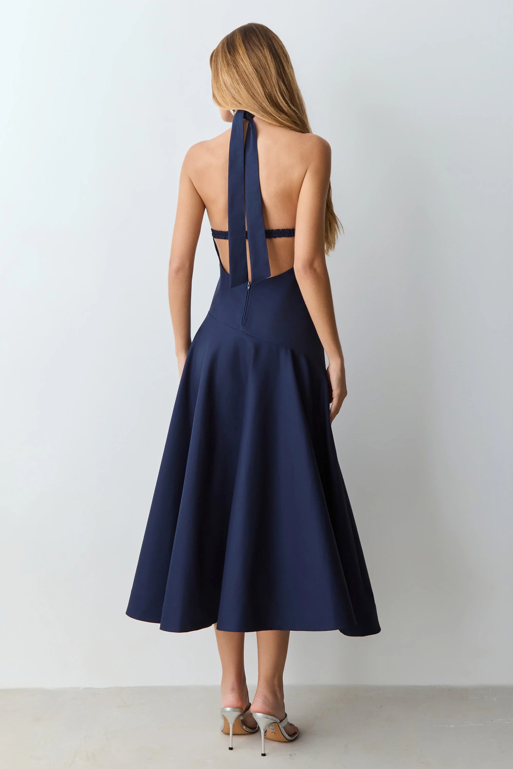 Navy Blue Halter-Neck Midi Dress with Tie Detail and Medium-High Neck