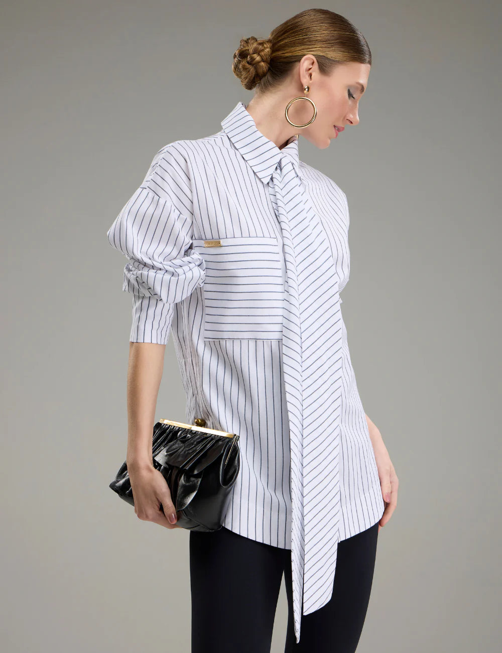 Striped Shirt with Tie-Neck