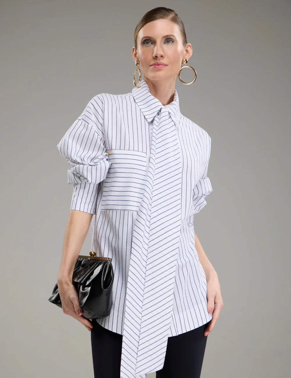 Striped Shirt with Tie-Neck