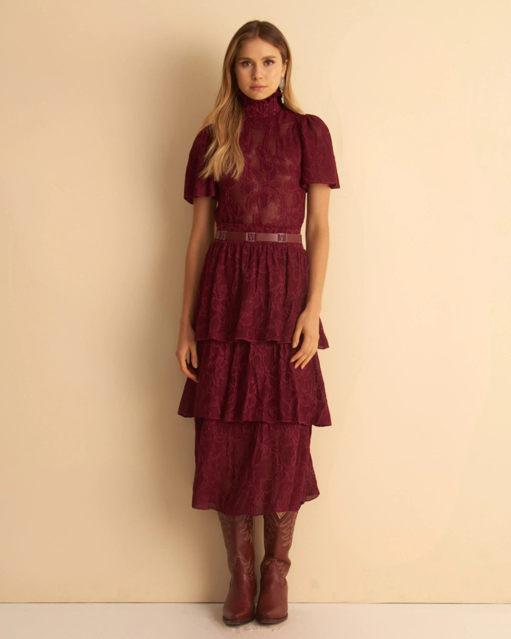 Gloria Tiered Jacquard Knit Midi Skirt Wine