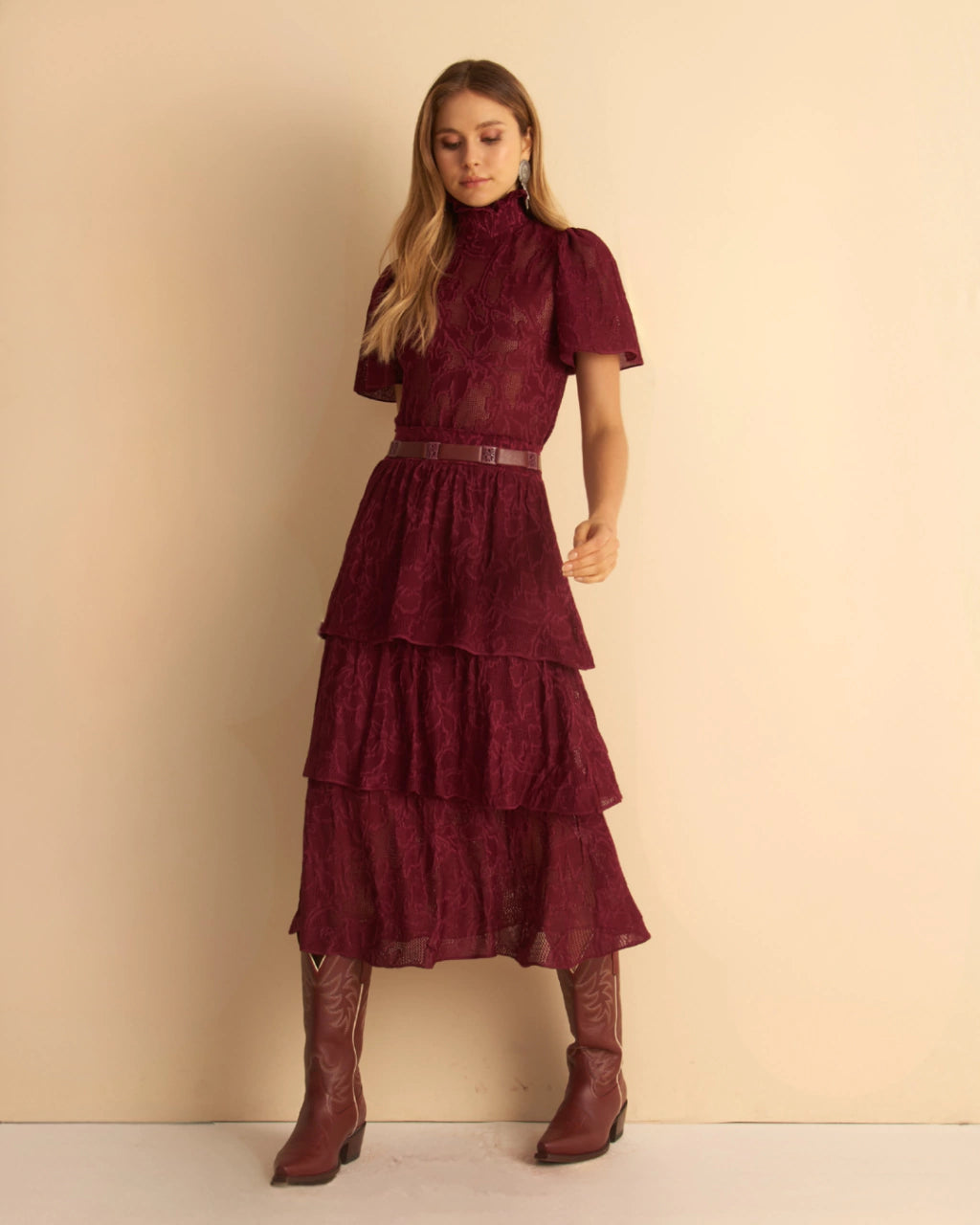 Gloria Tiered Jacquard Knit Midi Skirt Wine
