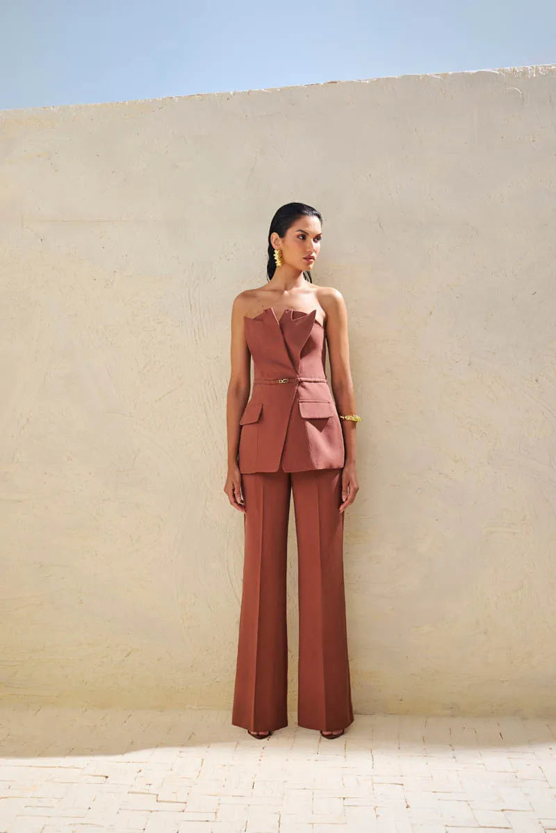 Luxurious Corset Top Tailored Brown Matching Set