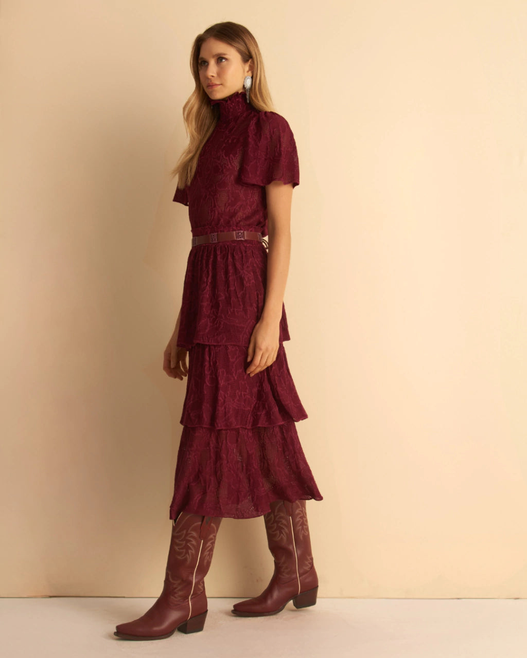 Gloria Tiered Jacquard Knit Midi Skirt Wine