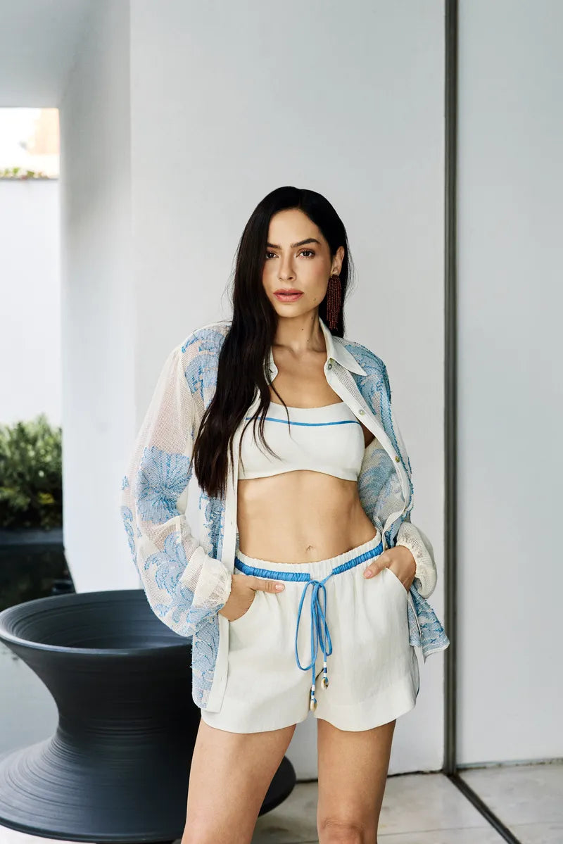 Blue Palm Embroidered 3 Pieces Shorts Set