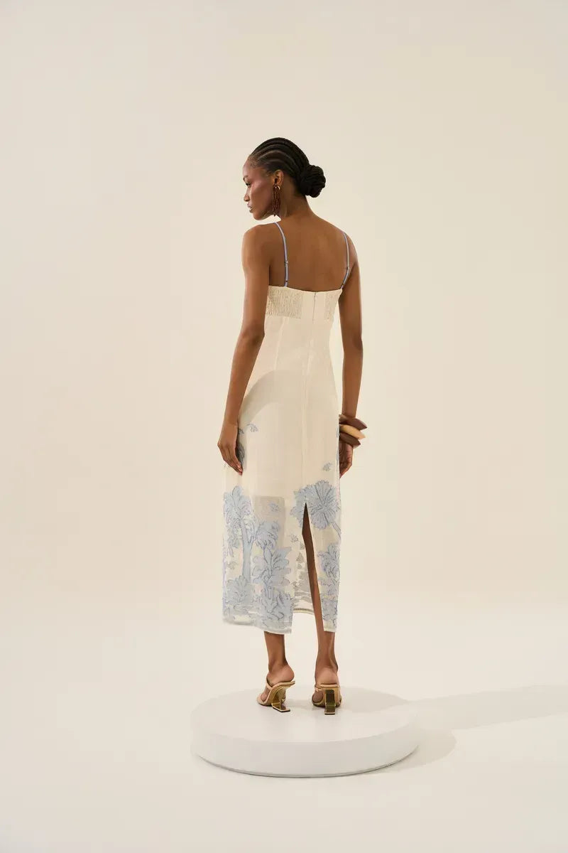 Blue Palm Embroidered Linen and Coton Dress