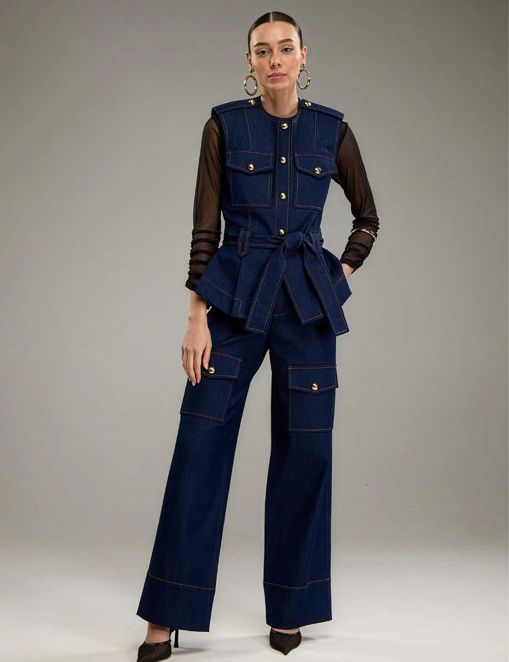 Denim Long Vest Modern Pants with Pocket Matching Set