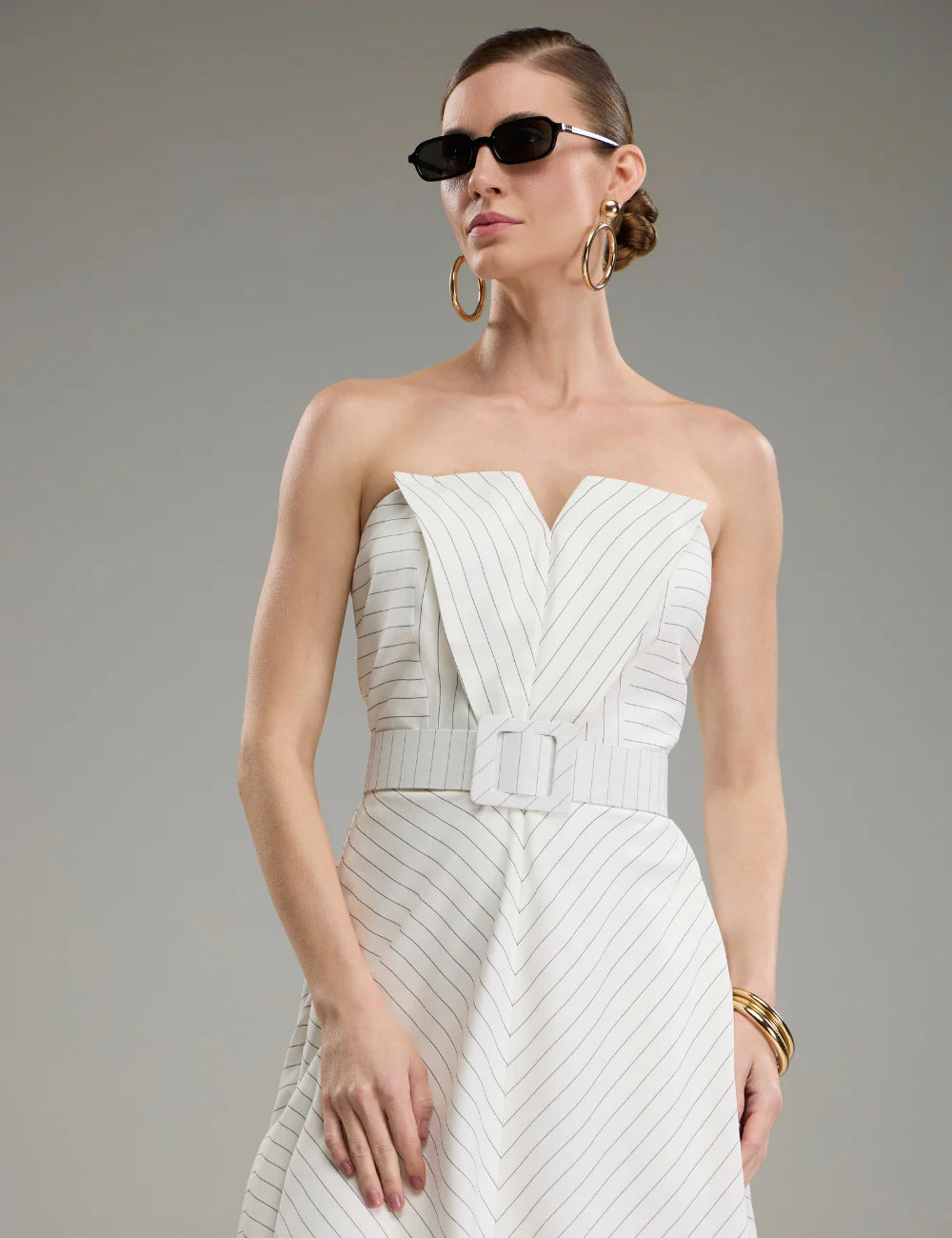 Chalk Lines Lady Like Strapless Midi Dress with Belt