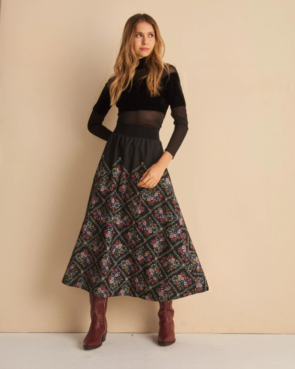 Denise Velvet Tulle Turtleneck Blouse Black