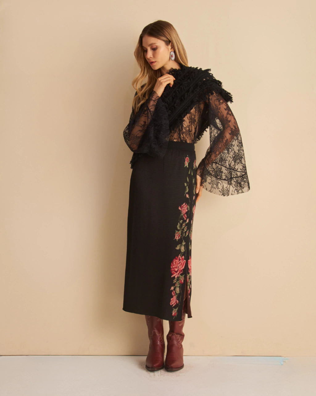 Alice Metallic Jacquard Knit Midi Skirt Black