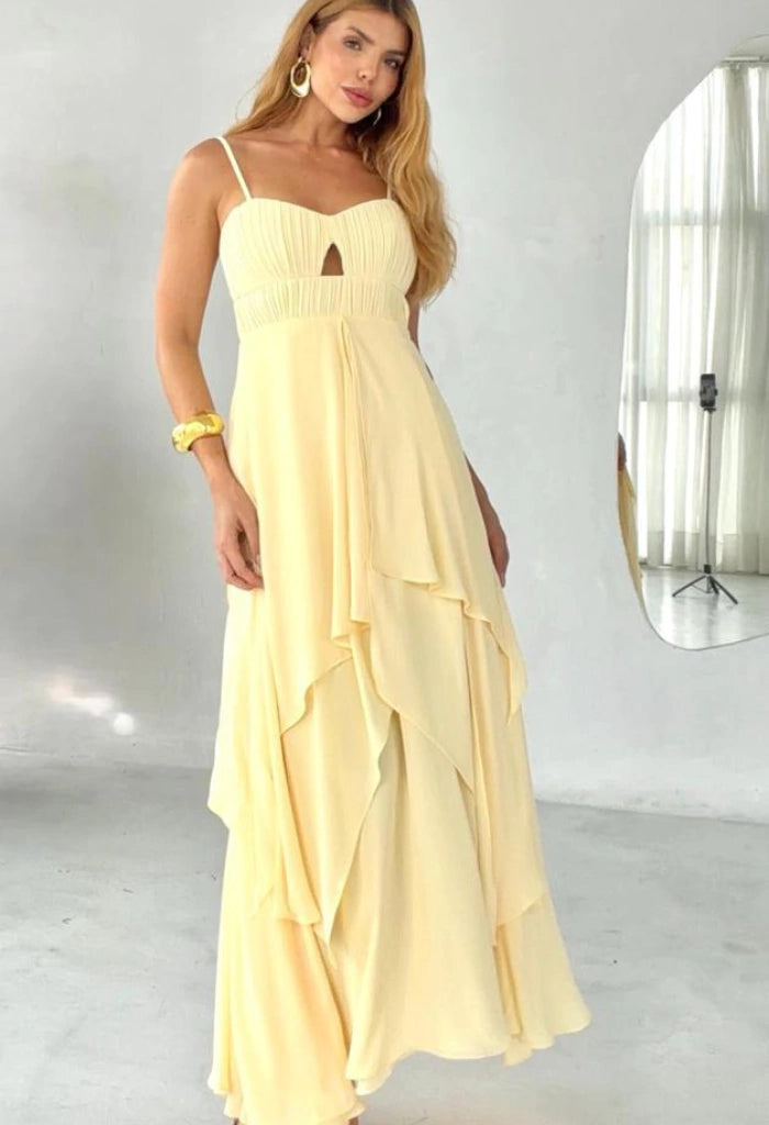 Midi Dress with Adjustable Spaghetti Straps and Ruched Bust