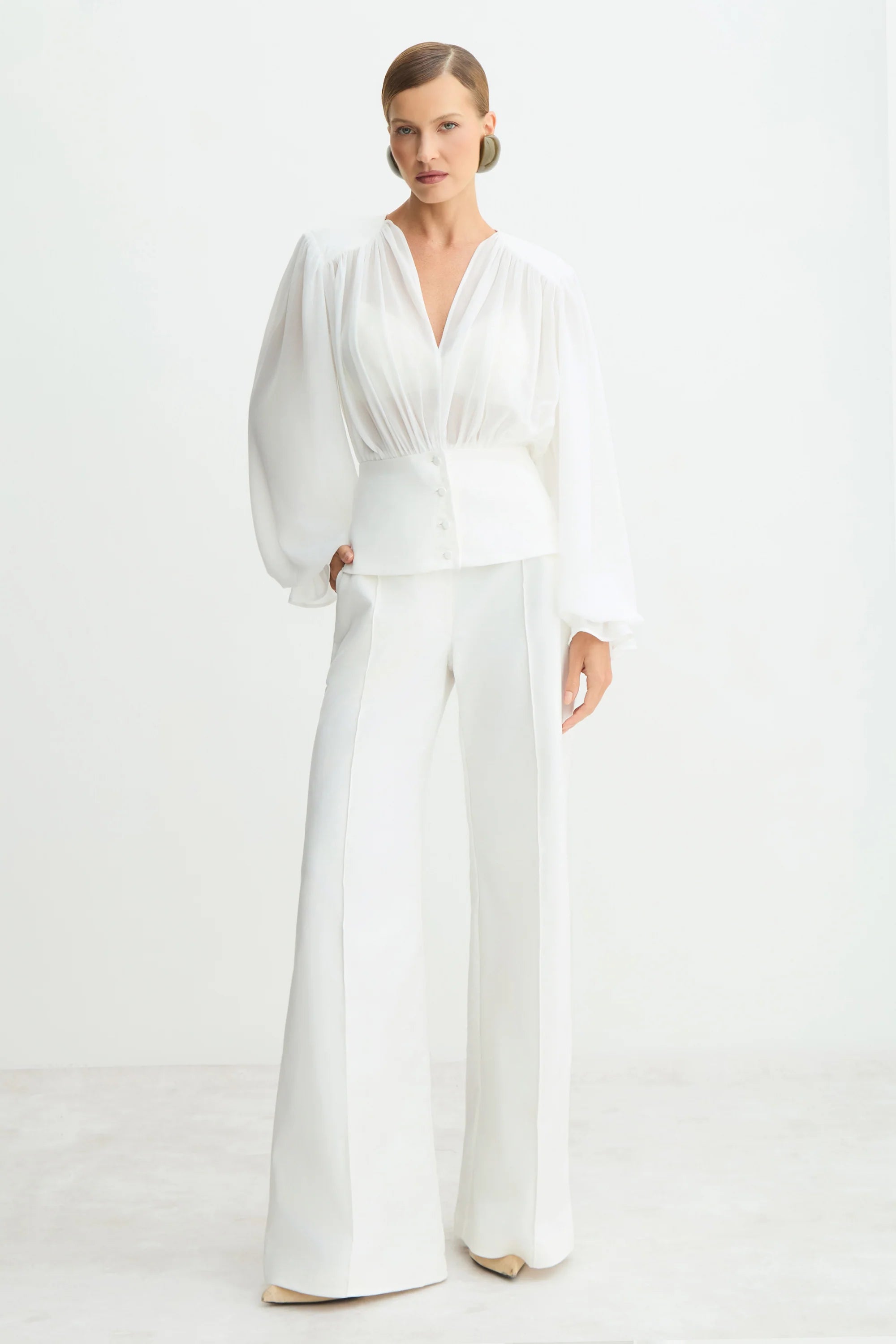 White Compact Cotton Trousers