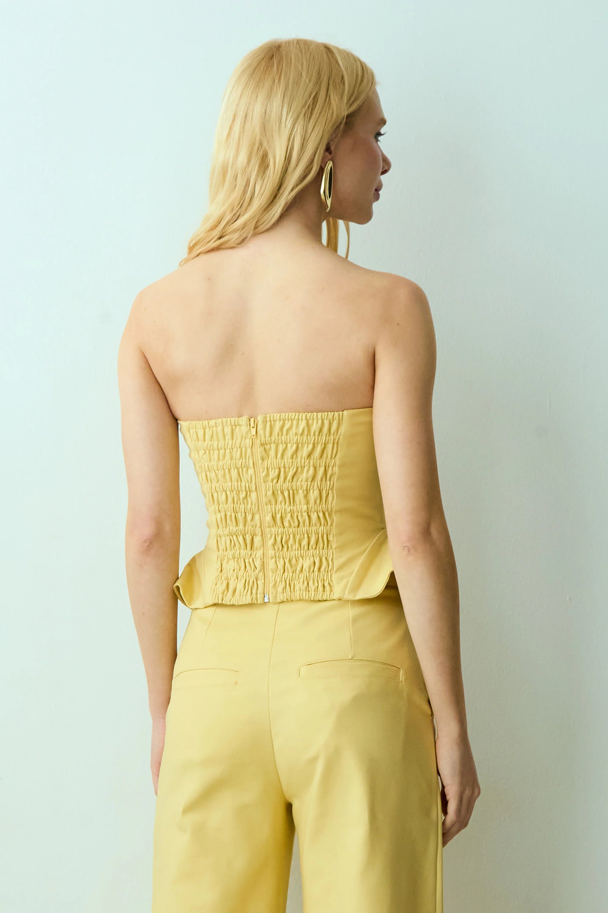 Butter Yellow Strapless Cut-Out Crop Top with Side Boning