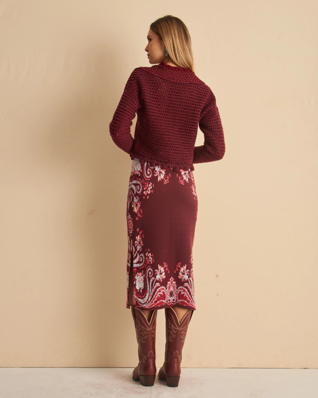 Yvana Paisley Jacquard Knit Midi Skirt Wine
