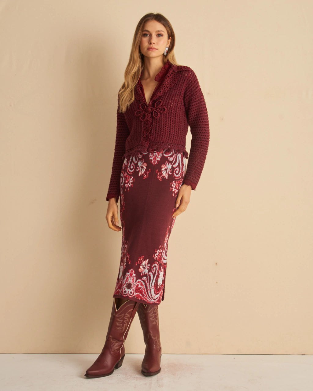 Yvana Paisley Jacquard Knit Midi Skirt Wine