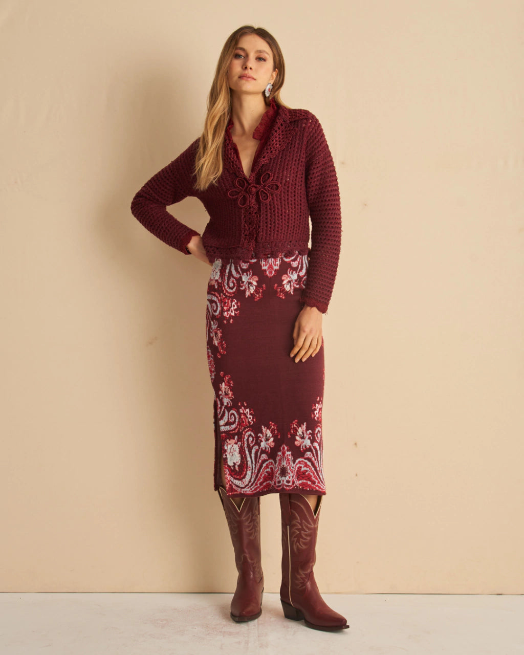 Yvana Paisley Jacquard Knit Midi Skirt Wine