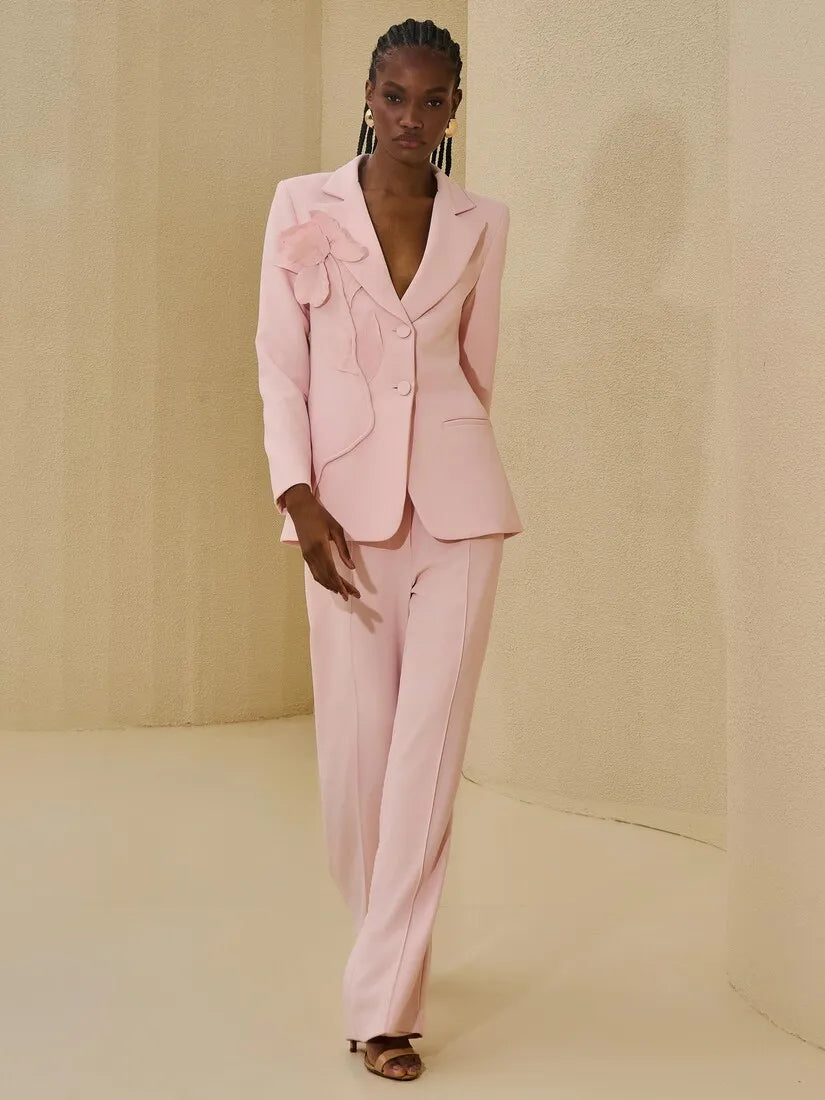 Tailored Pink Blazer Set With Flower Appliqué
