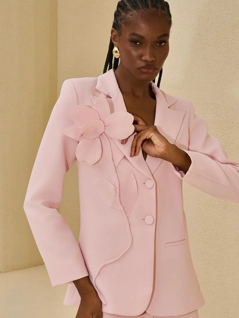 Tailored Pink Blazer Set With Flower Appliqué