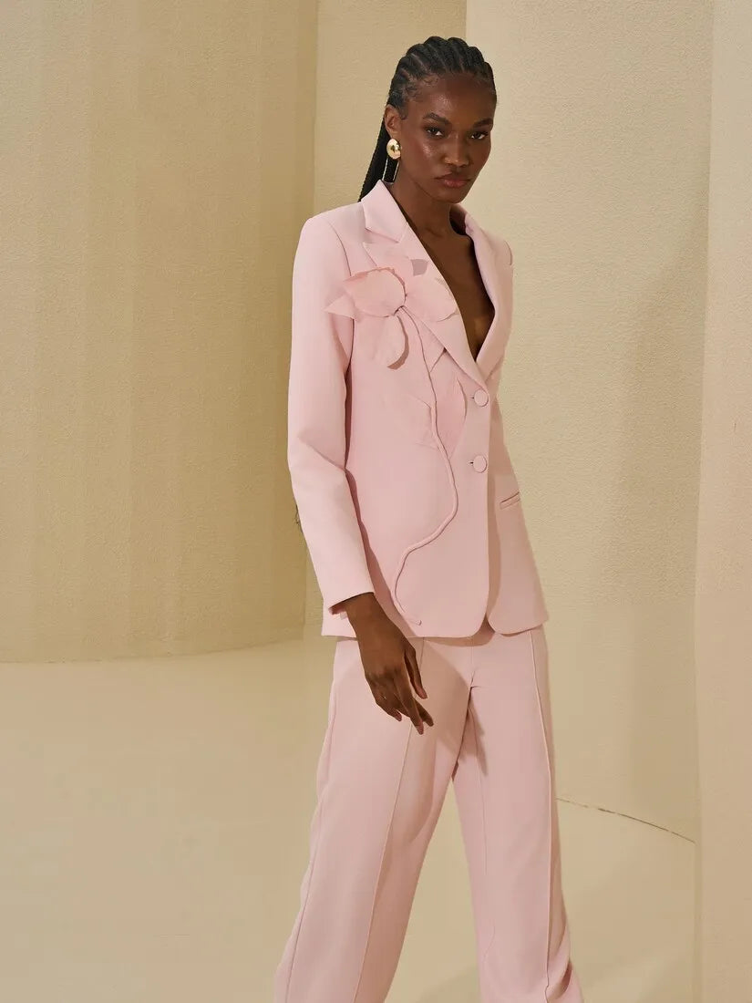 Tailored Pink Blazer Set With Flower Appliqué
