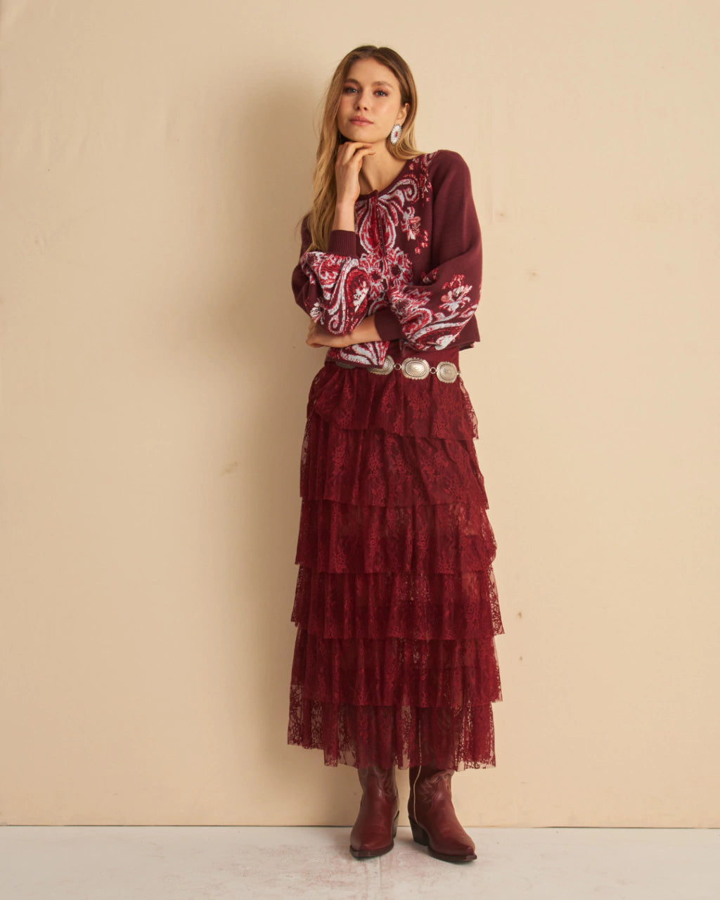 Yara Paisley Jacquard Knit Jacket Wine Red