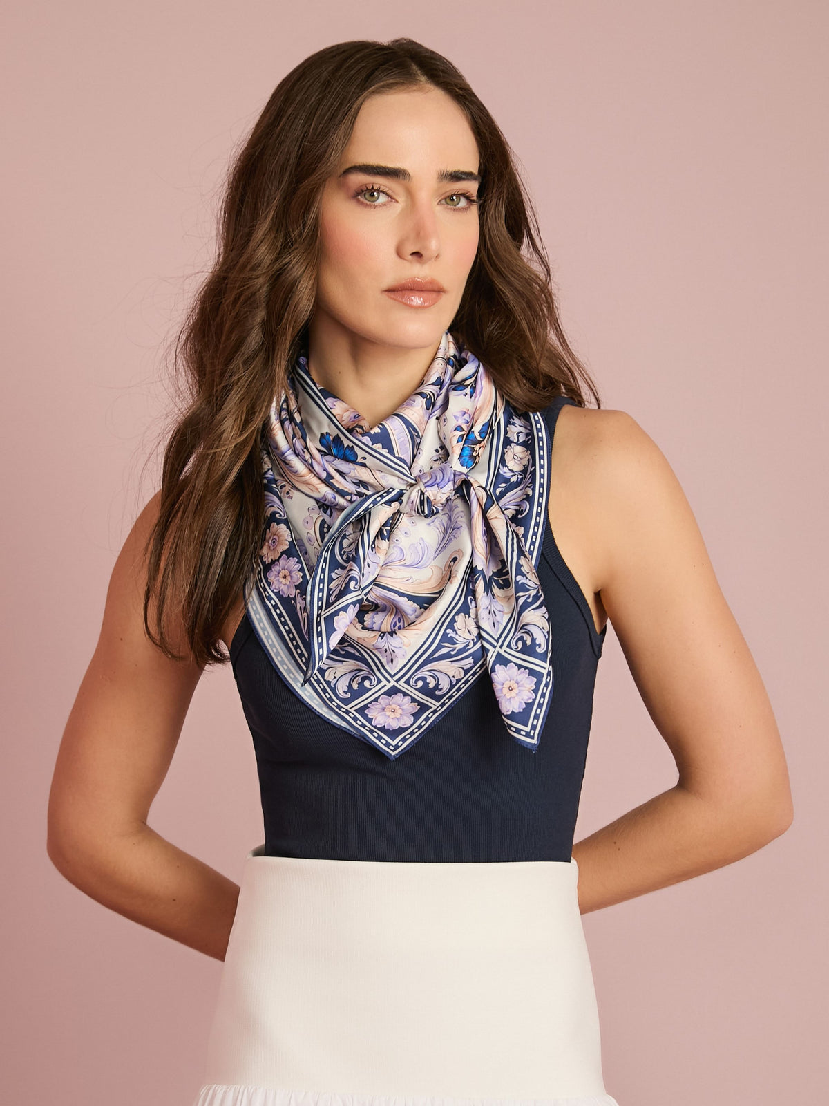 Blue Floral Square Satin Scarf Anne Fernandes