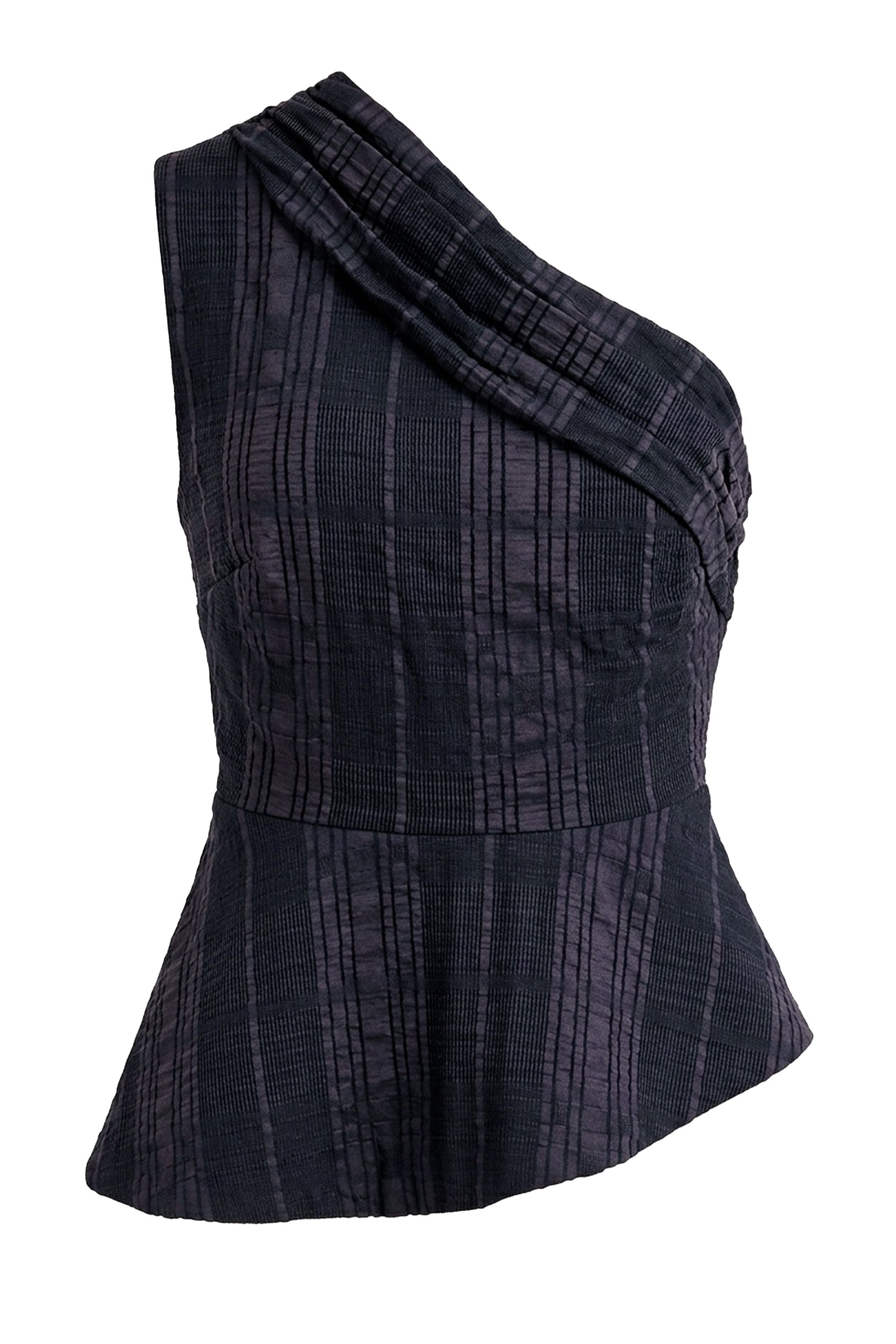 Solar Plaid Summer One Shoulder Set Navy
