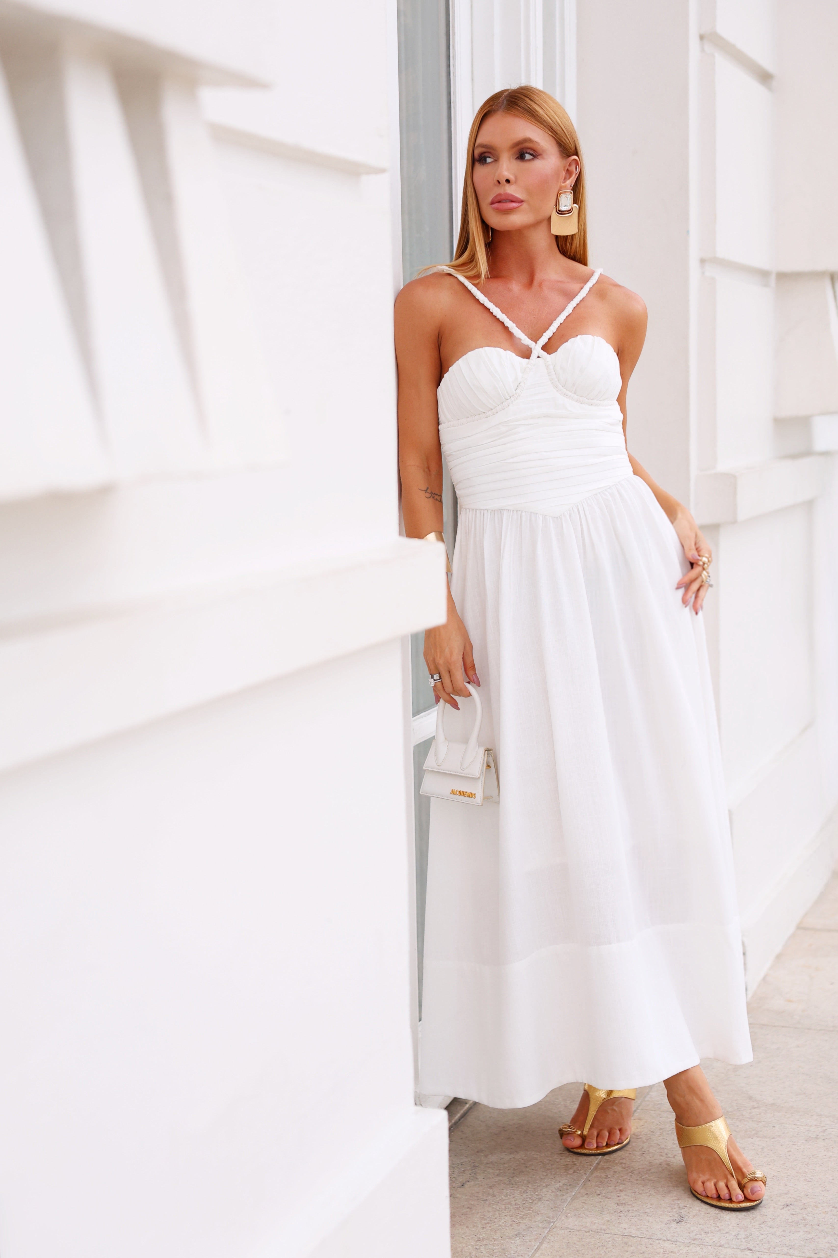 Structured Tailored Midi Dress with Flared Skirt and Gathered Bust