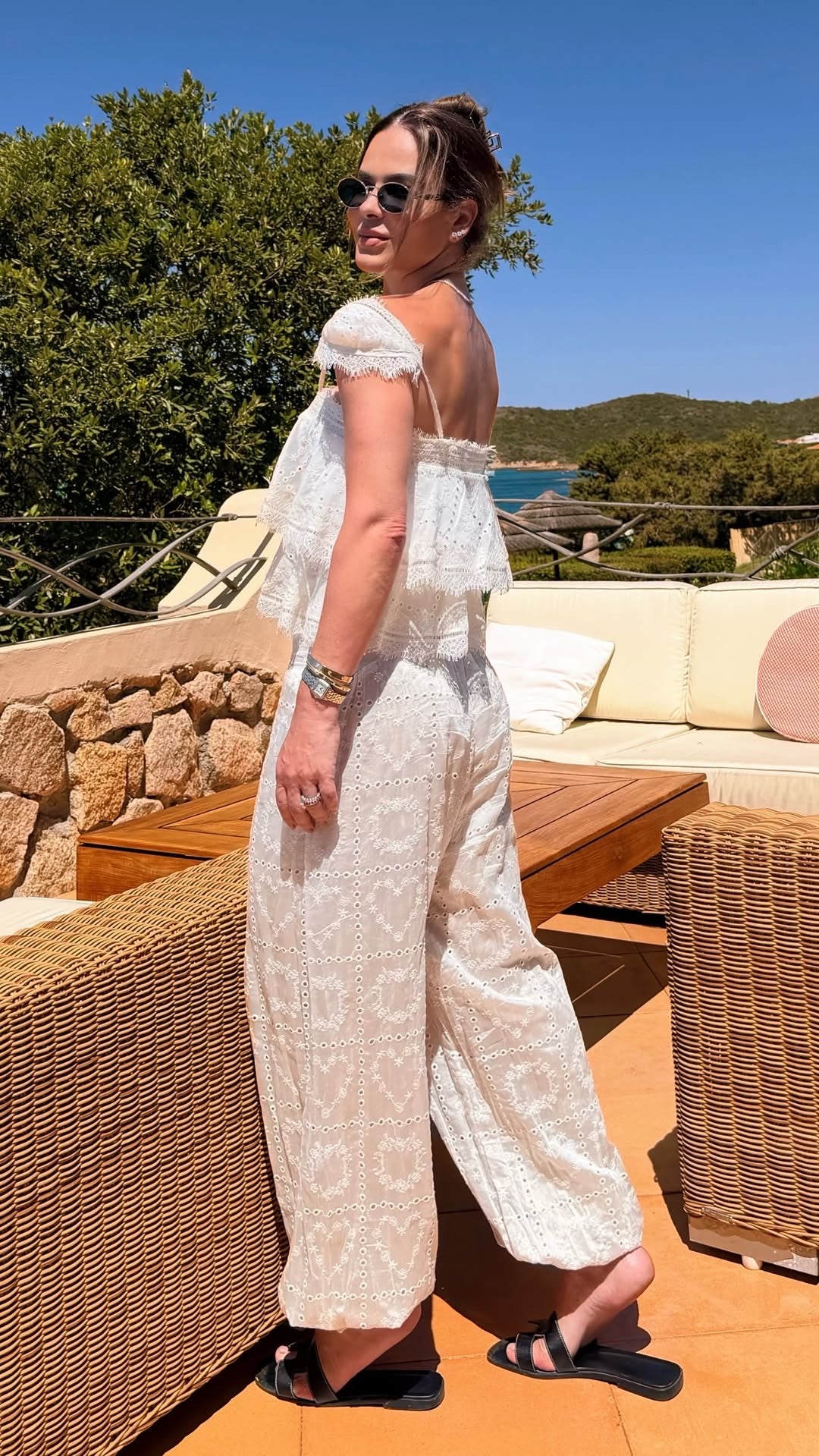 Off-white eyelet tunic and trousers set