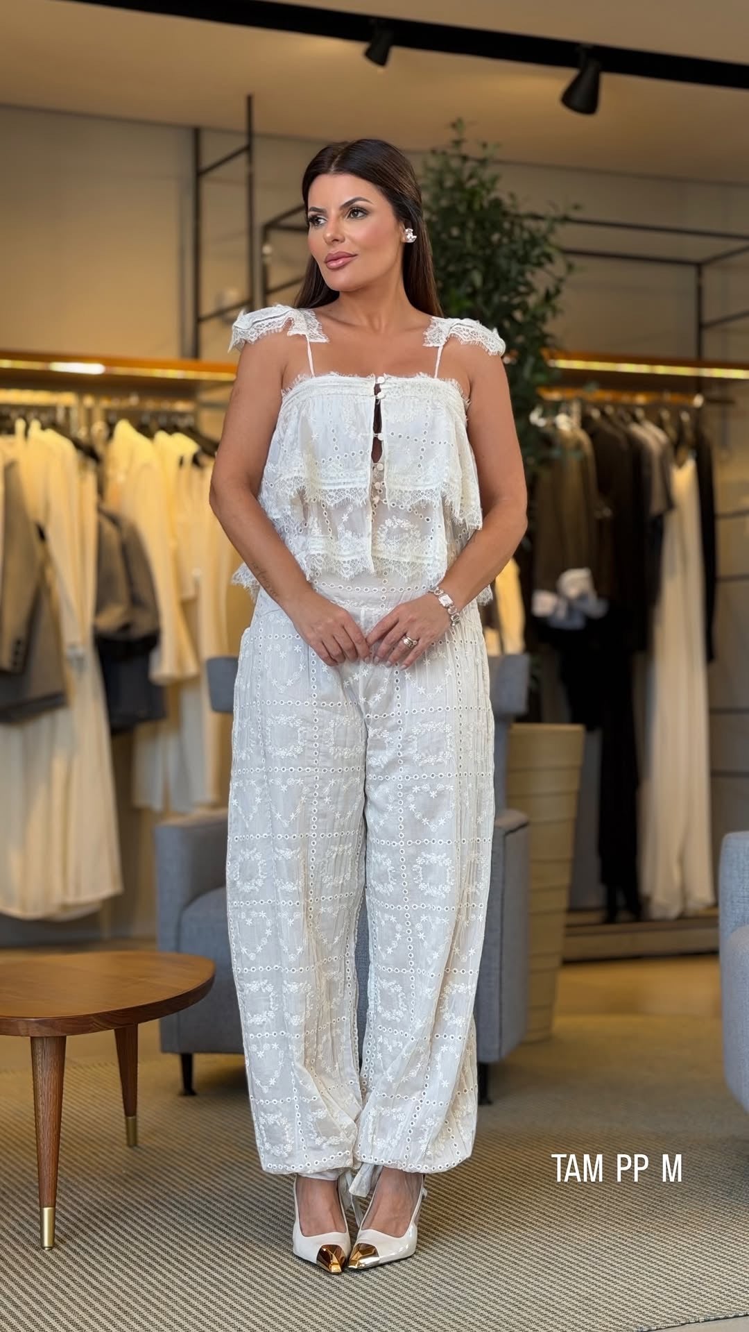 Off-white eyelet tunic and trousers set