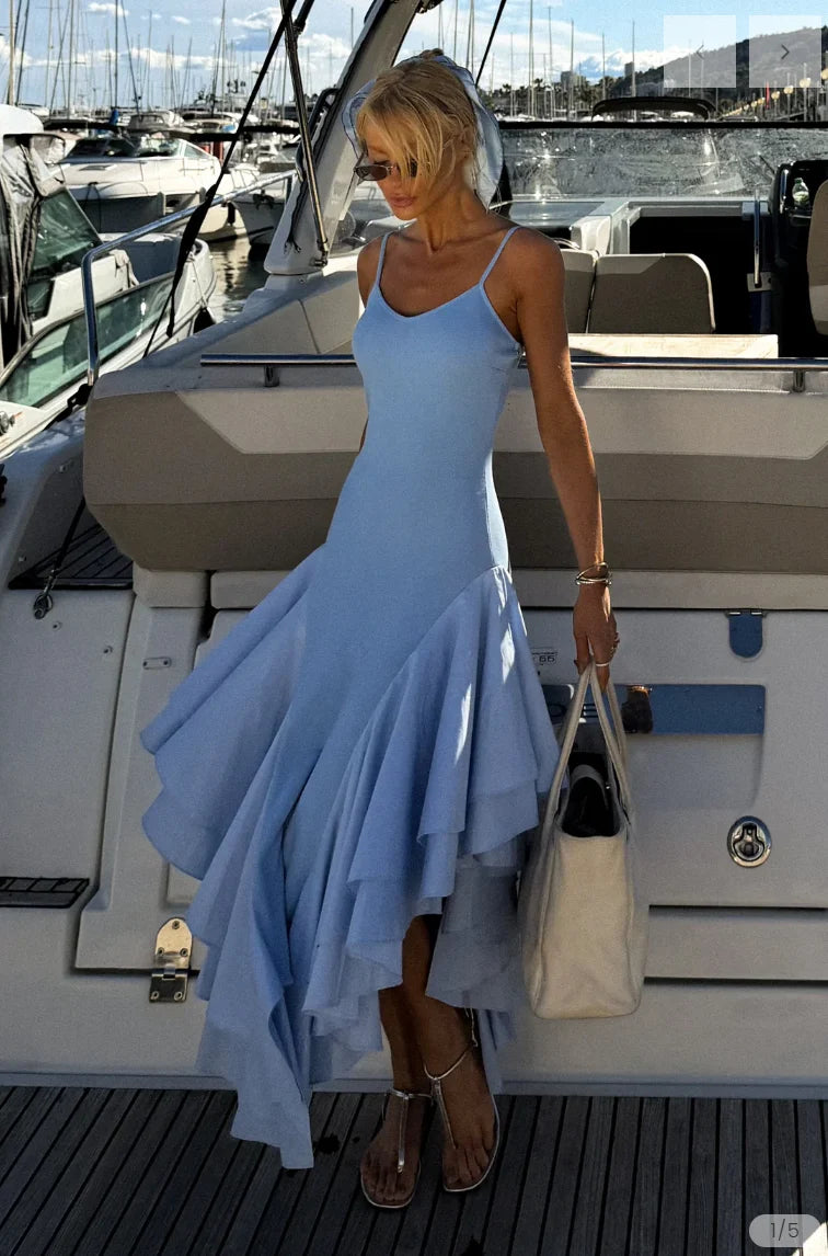 Baby Blue Voluminous Asymmetric Hem Midi Dress with Spaghetti Straps