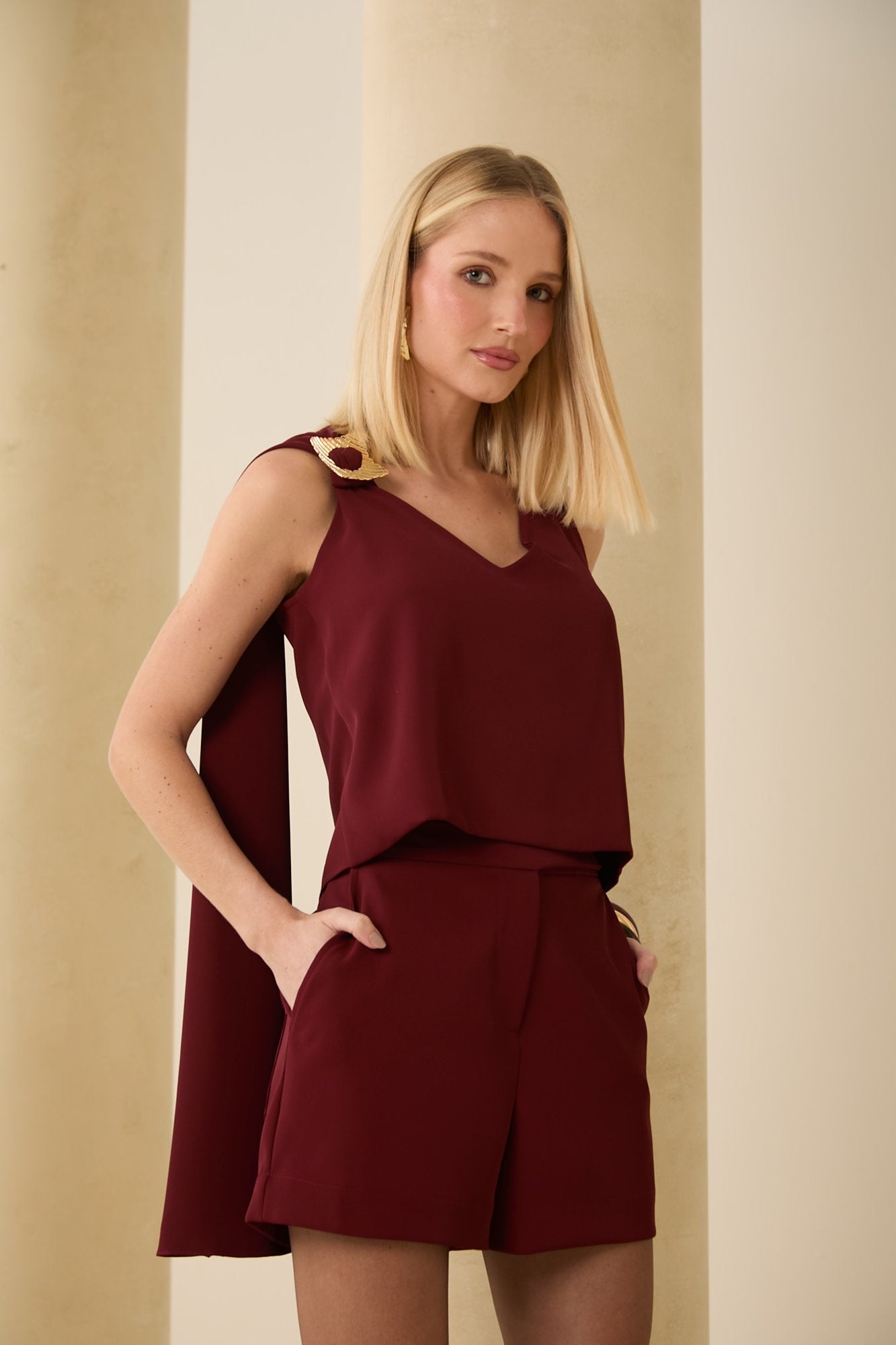 Wine Fluid Buckle Blouse with Scarf
