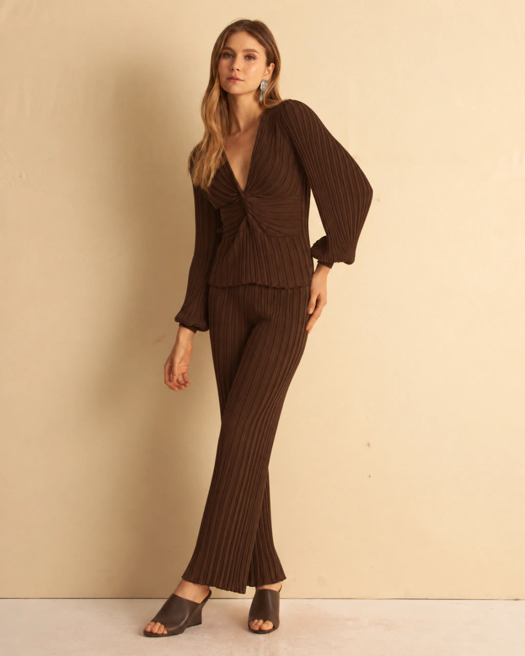 Nicole Twist Front Ribbed Knit Blouse Brown