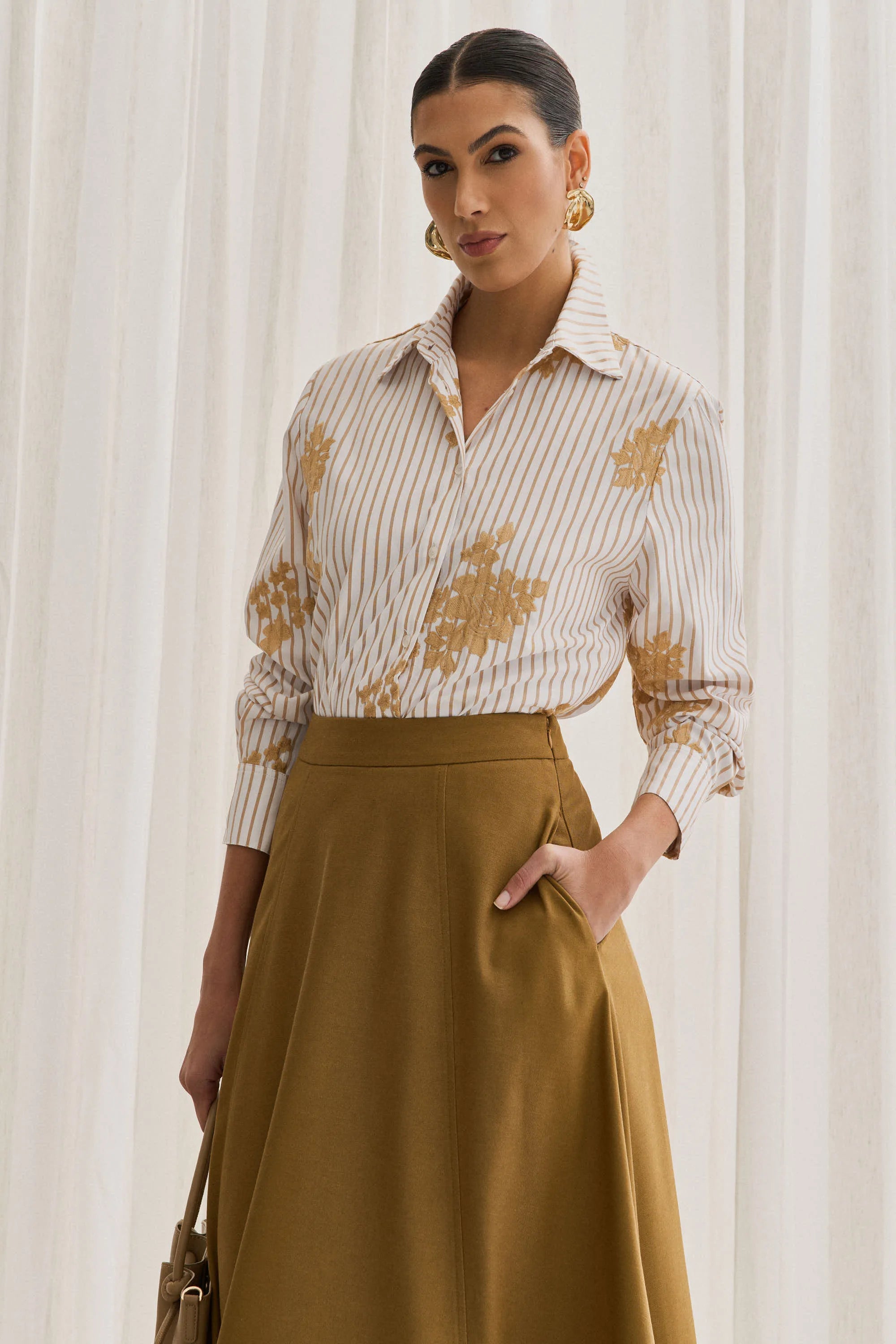 Embroidered Striped Poplin Shirt Yellow