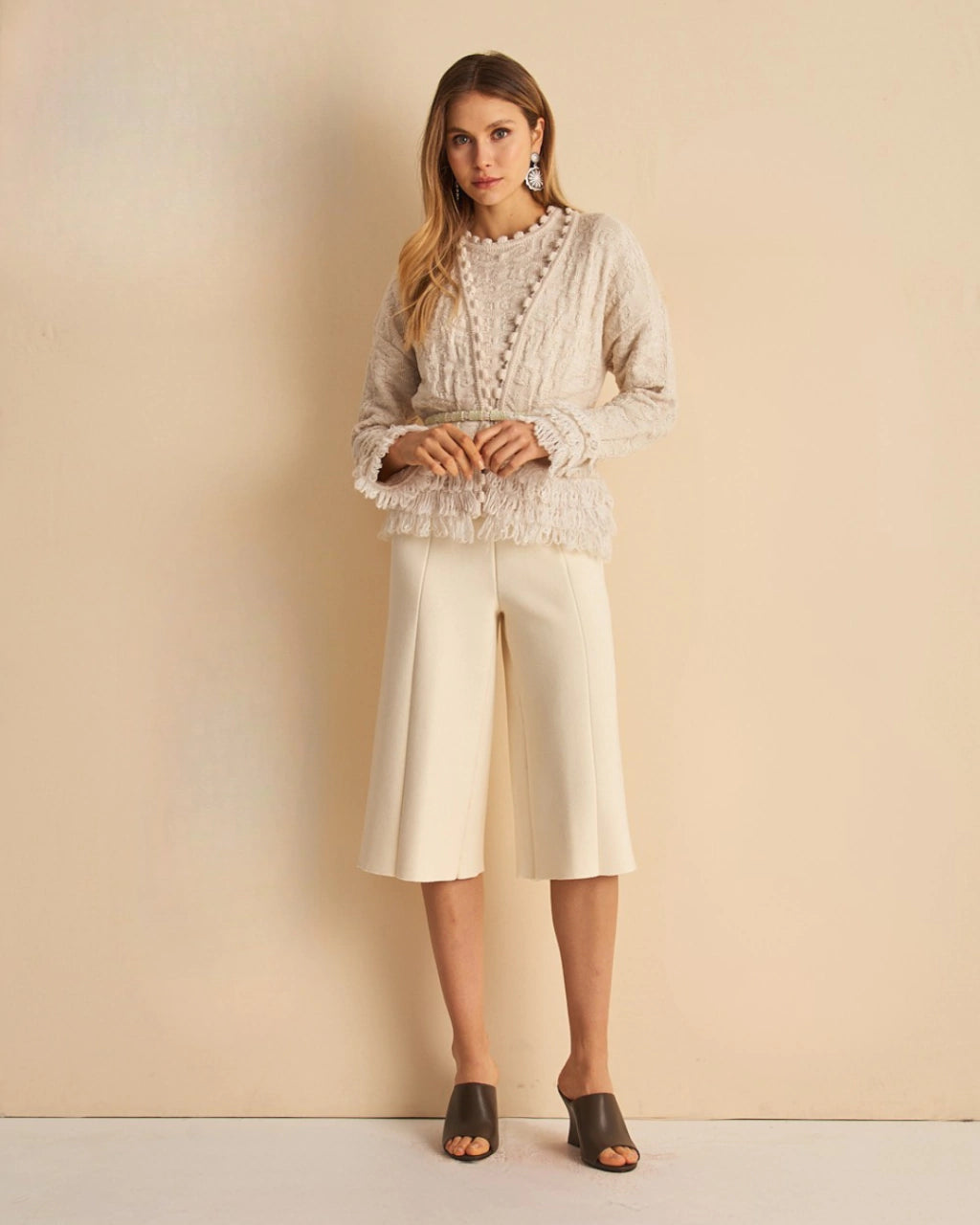 Roselia Pom-Pom Fringe Knit Cardigan Natural