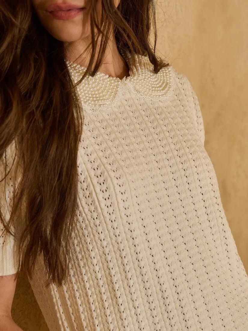 Cream Knit Top Embroidered