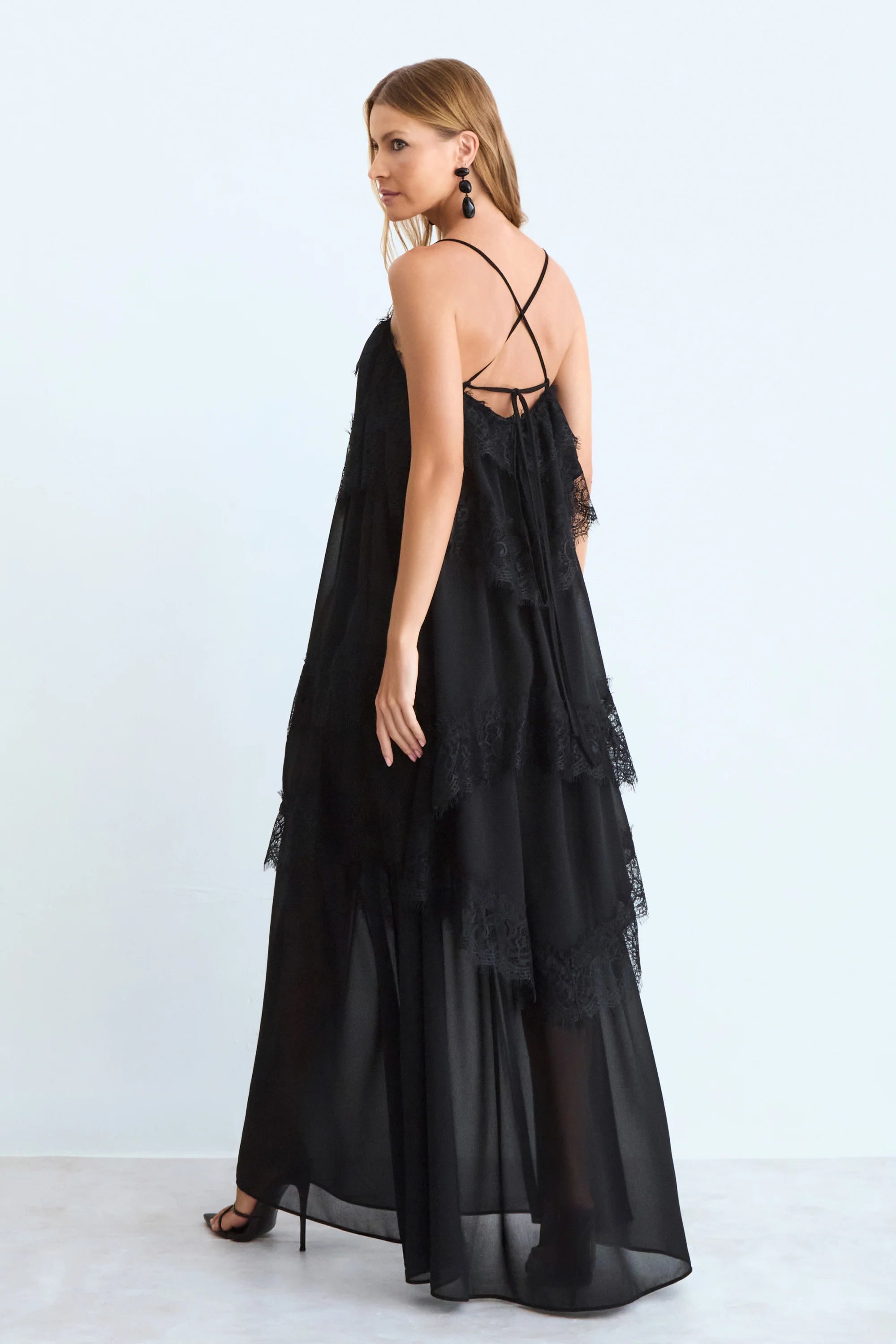 Black Long Dress with ruffles and lace hem detail