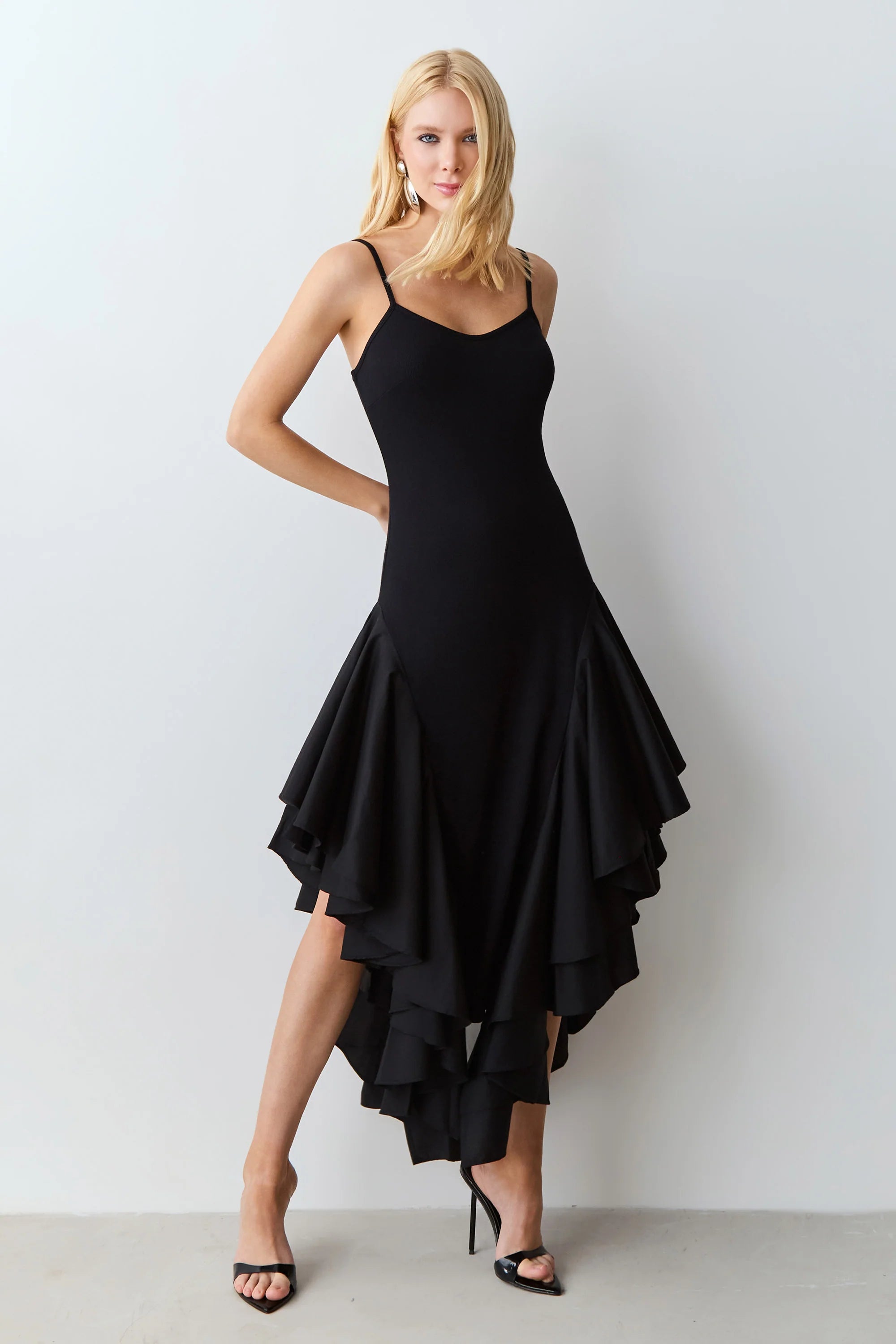 Black Voluminous Asymmetric Hem Midi Dress with Spaghetti Straps