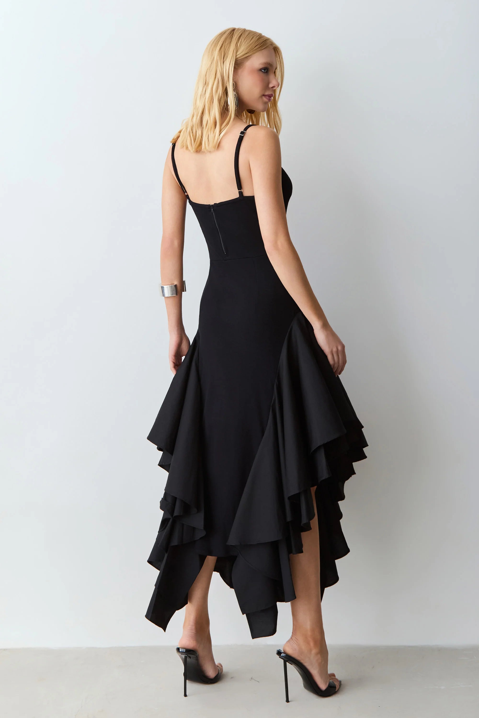 Black Voluminous Asymmetric Hem Midi Dress with Spaghetti Straps