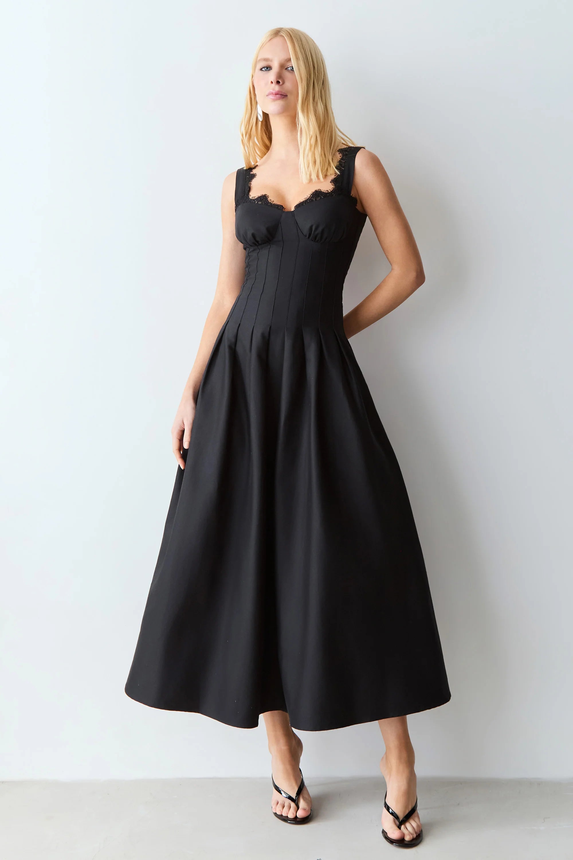 Black Midi Dress with Topstitched Cutouts and Lace Neckline