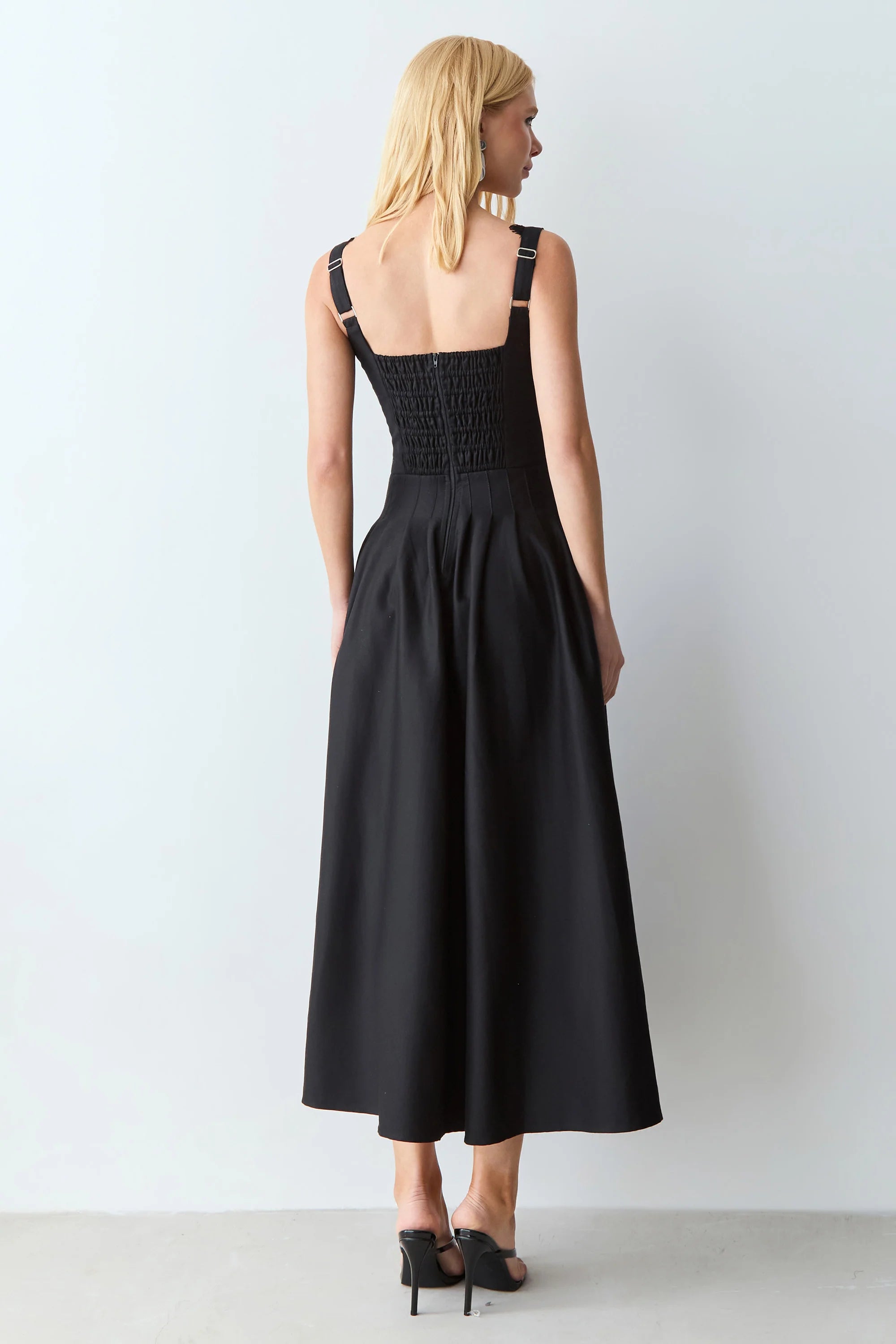 Black Midi Dress with Topstitched Cutouts and Lace Neckline