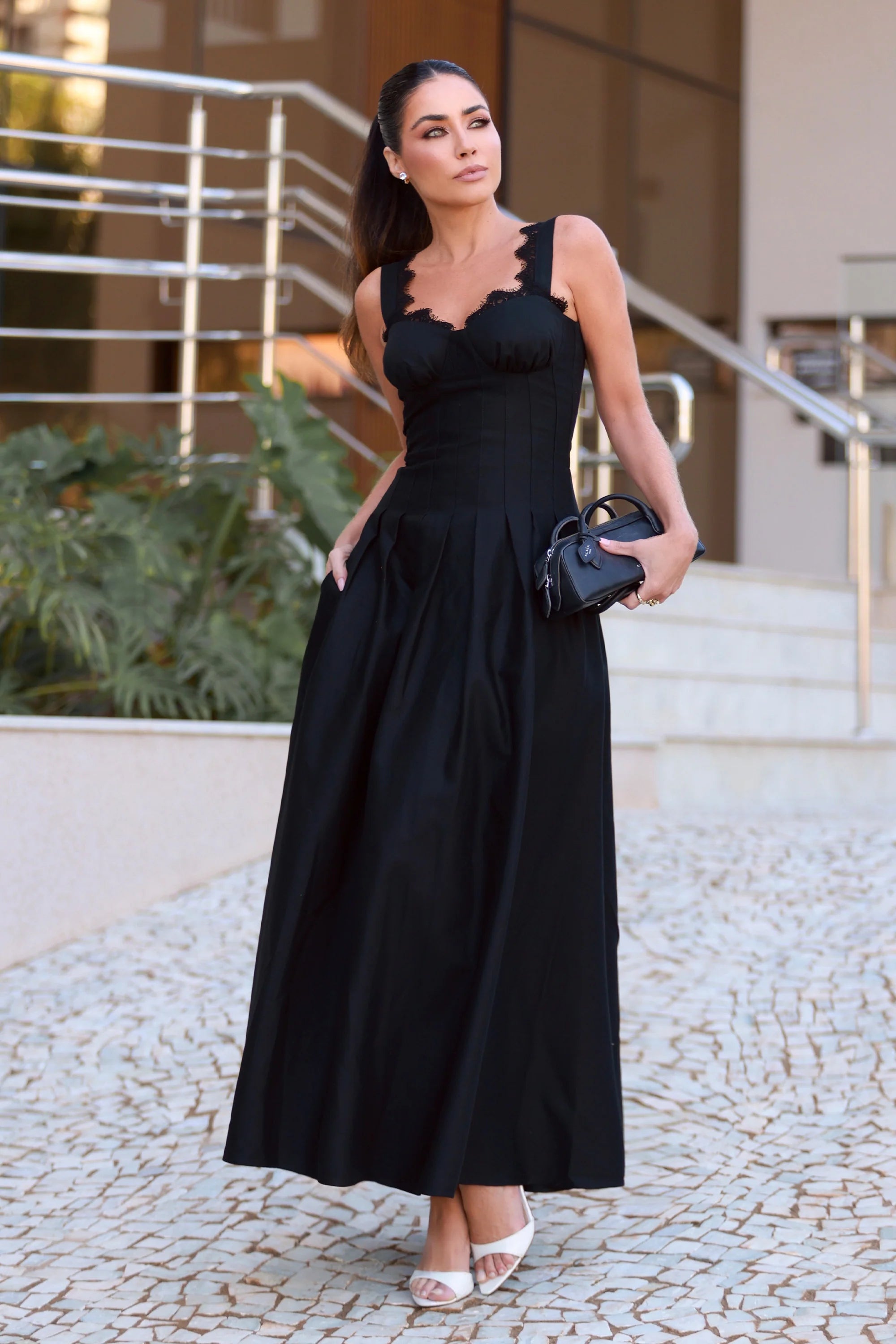 Black Midi Dress with Topstitched Cutouts and Lace Neckline