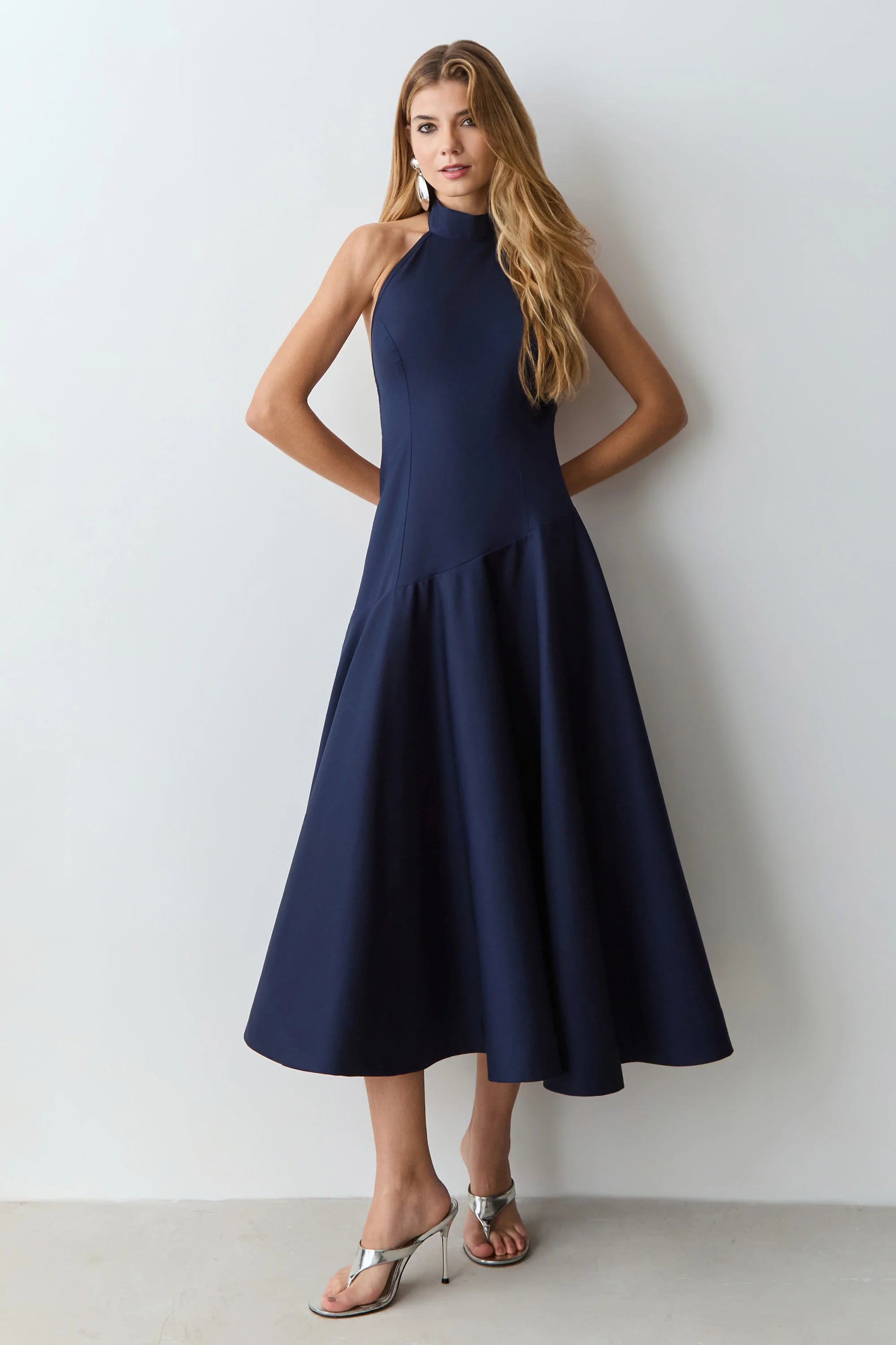Navy Blue Halter-Neck Midi Dress with Tie Detail and Medium-High Neck