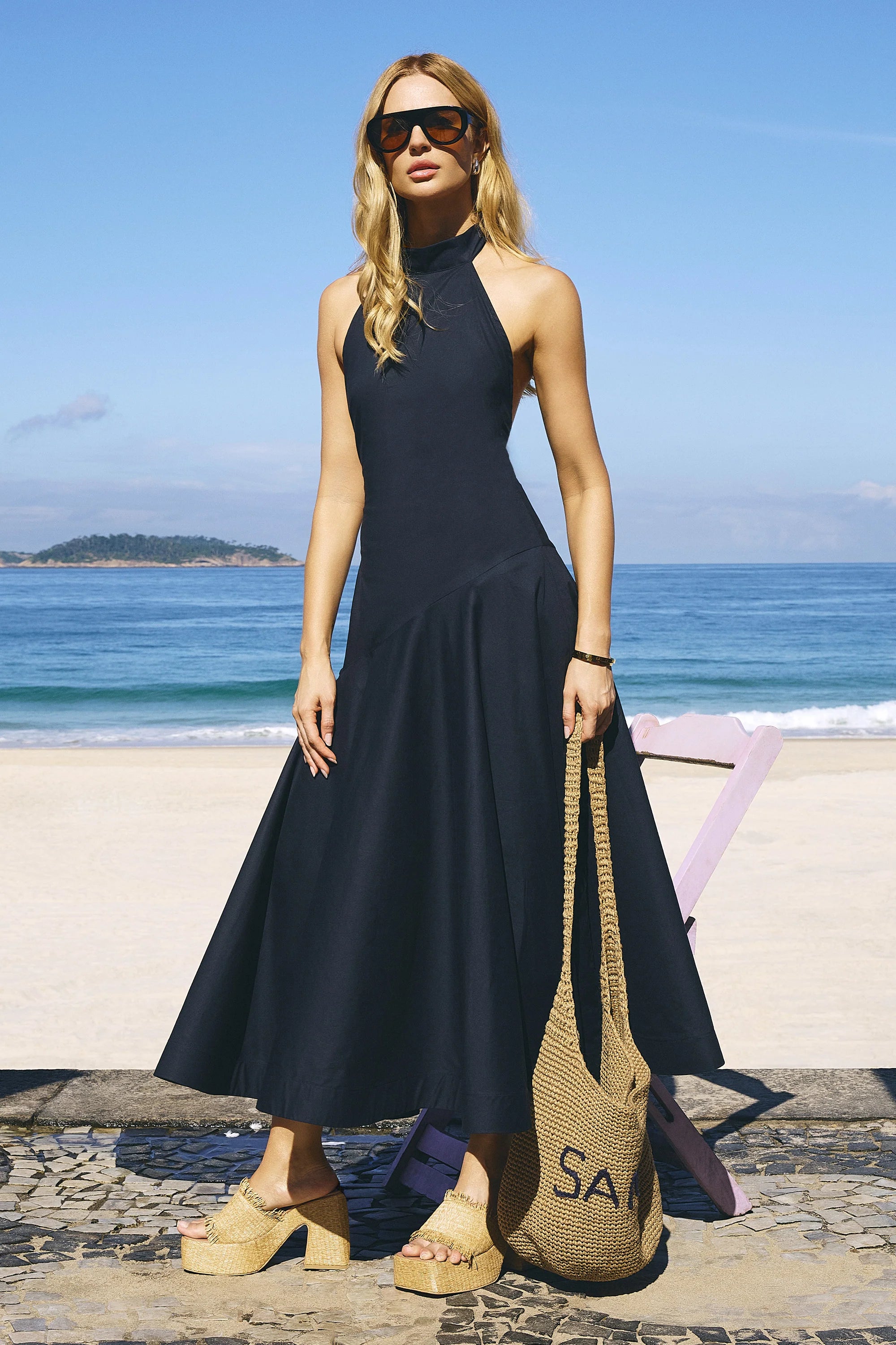 Navy Blue Halter-Neck Midi Dress with Tie Detail and Medium-High Neck