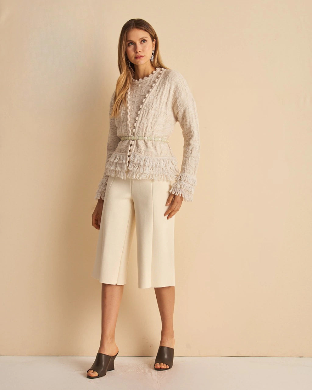 Roselia Pom-Pom Fringe Knit Cardigan Natural
