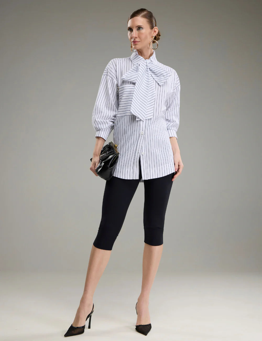 Striped Shirt with Tie-Neck